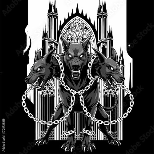 ThreeHeaded Cerberus with Chains Guarding Gothic Cathedral Gates.