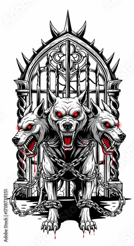 ThreeHeaded Cerberus with Glowing Red Eyes and Spiked Gothic Gate.