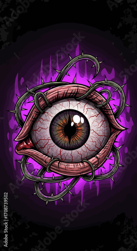Veined Eyeball Ensnared by Thorny Vines a Macabre and Surreal Vision.