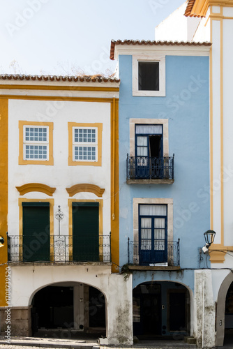 Close-up of traditional apartment building facades in Elvas in Portugal