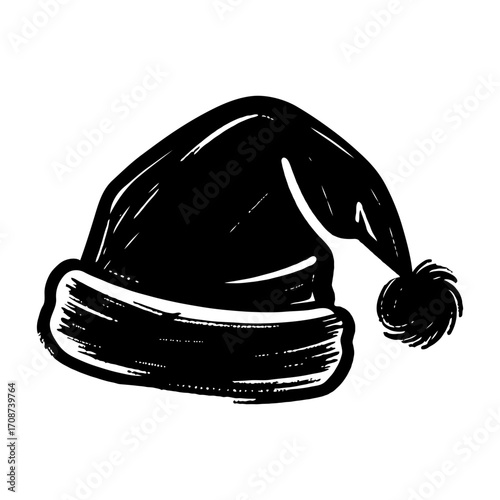 Santa hat sketched in black ink with hand-drawn style on a plain white background, representing Christmas and holiday spirit