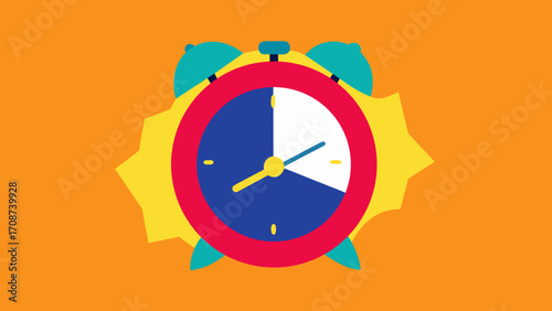 A vector illustration of a classic alarm clock with a black dial and hands on a blue background symbolizing the concept of time and timely business
