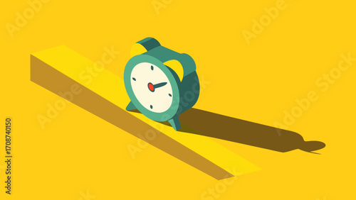 Funny cartoon pencil character with a ruler and alarm clock vector illustration for school business time management