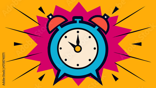 Funny cartoon sun clock alarm with a yellow face and an illustration of a minute hand to watch the morning hours