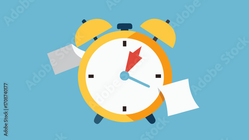 A red retro alarm clock with a hand and a bell illustrates the time is money concept