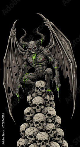 Winged Demon Atop a Skull Pile Dripping Green Ooze Red Eyes.