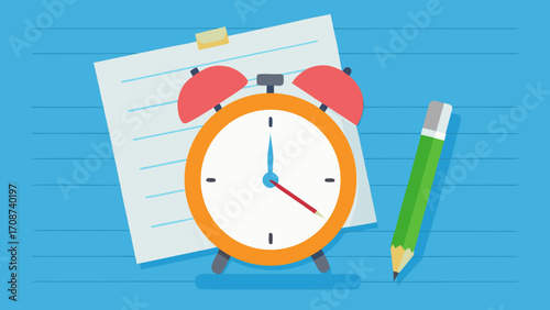 Office supplies and school books are laid out on a table with a clock nearby, representing deadlines for business and education