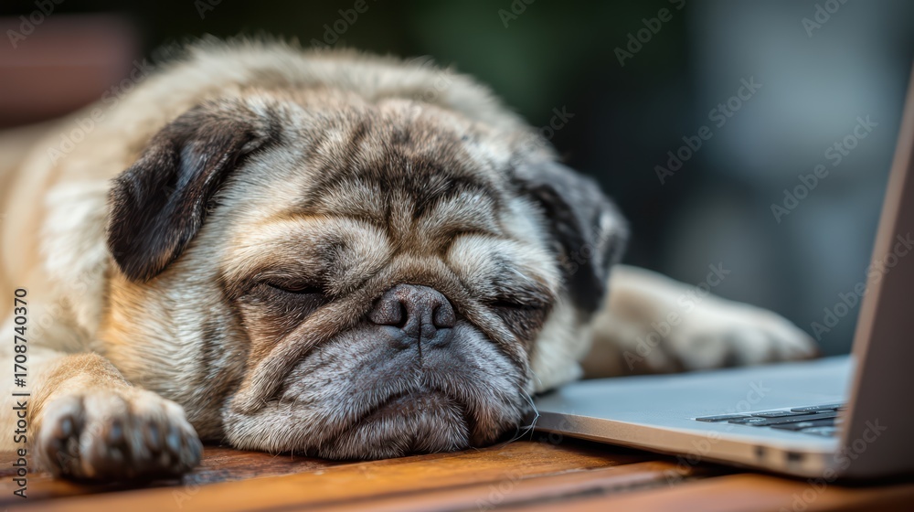 Obraz premium Adorable U Dog Pug Breed Lying on a Modern Laptop, Expressing Contentment and Curiosity Perfect for Social Media Campaigns or Lifestyle Branding, Inspiring Warmth and Happiness.