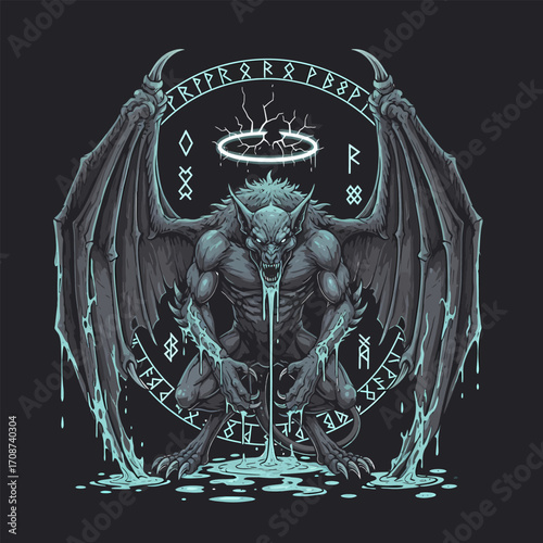 Winged Gargoyle with Glowing Runes and Broken Halo Dripping Ominously.