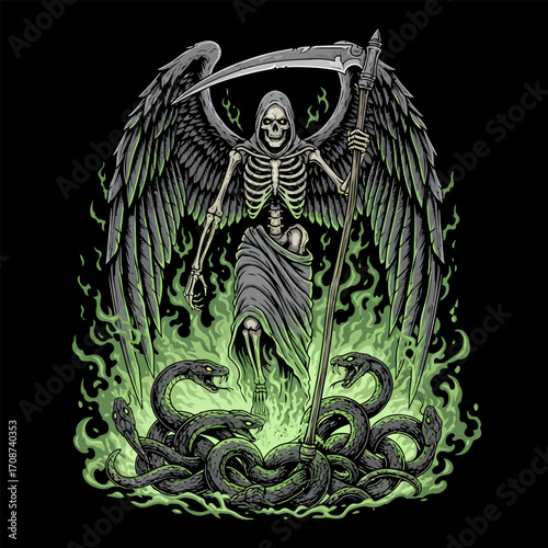 Winged Grim Reaper with Scythe and Snakes in Green Flames Illustration.