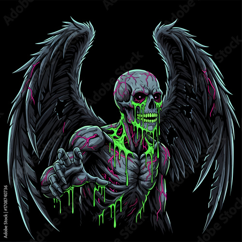 Winged Undead Figure with Glowing Green Slime and Veined Skull.