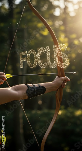 Archer drawing bow, arrow aimed, inspiring 'FOCUS' text in sunlit forest, achieving goals