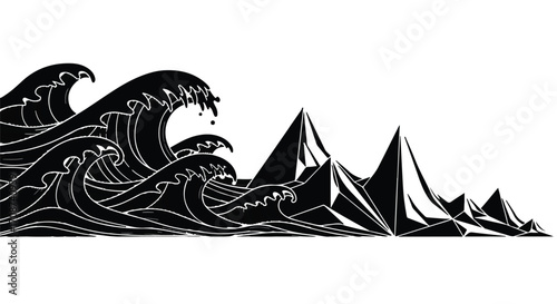 Dramatic ocean waves crash against sharp, geometric mountain peaks in a striking monochrome illustration.