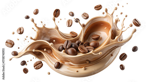 Coffee bean splash isolated on transparent background, capturing the essence of coffee with a dynamic burst of flavor and aromatic appeal