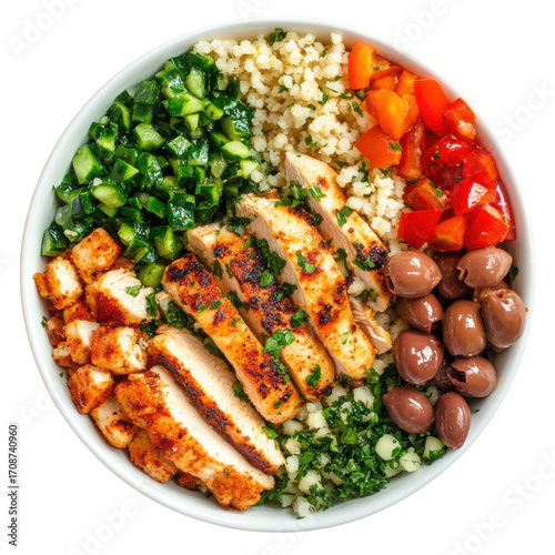 Colorful Mediterranean Chicken Bowl with Quinoa, Fresh Vegetables, and Olives on transparent background