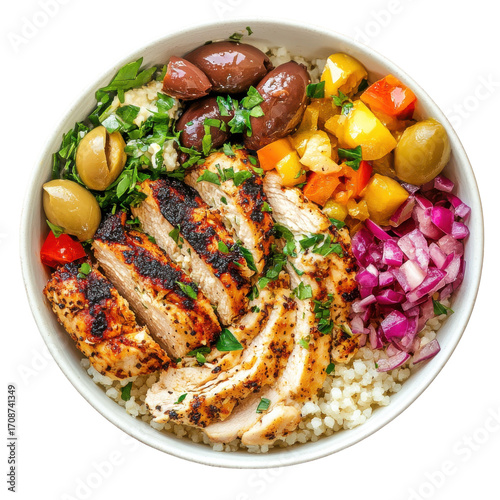 Grilled Chicken Bowl with Olives, Colorful Vegetables, and Herbs Over Couscous in a Bright Setting on transparent background