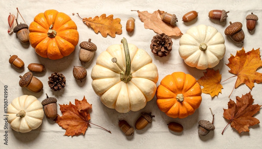 Fototapeta premium Fall Harvest Pumpkins, Acorns, and Leaves on a Rustic Background with Copy Space