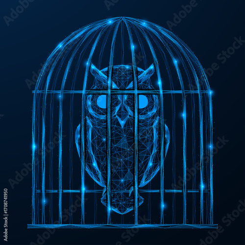 Wisdom is under lock and key. The Owl concept symbolizes knowledge and intelligence, while the cage represents limitations, barriers, and lack of freedom.