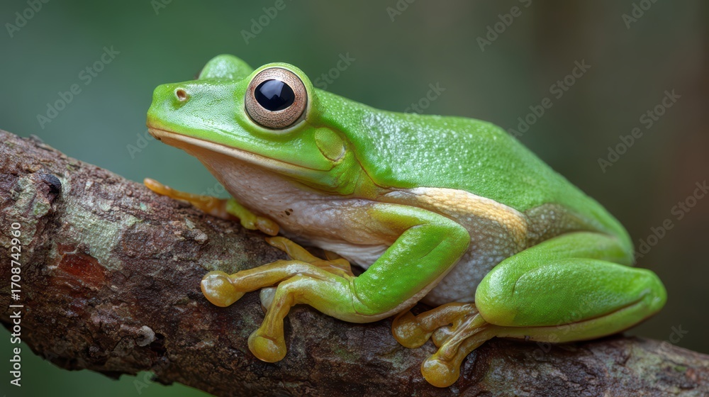 Naklejka premium Vibrant Green Tree Frog on Branch Captivating Nature CloseUp, Ideal for Marketing Campaigns or Relaxing Projects.