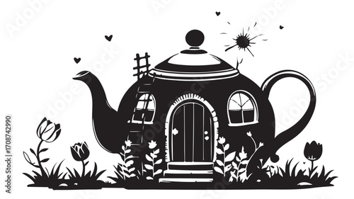 Black and white illustration of a teapot house with flowers and a ladder on white background silhouette