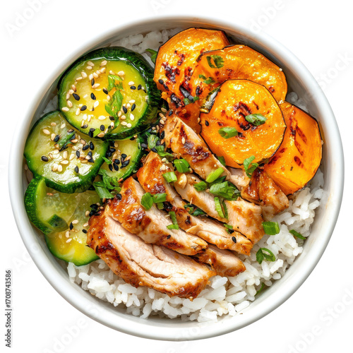 Grilled Chicken Bowl with Rice, Sautéed Zucchini, and Roasted Sweet Potatoes in a Bright, Healthy Setting on transparent background