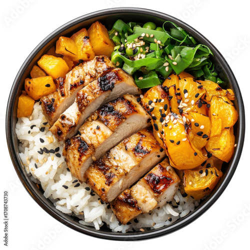 Grilled Chicken Bowl with Rice, Vegetables, and Tropical Fruits in a Modern Asian Setting on transparent background