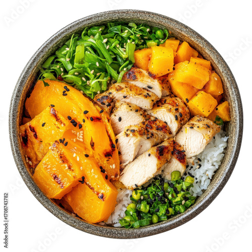 Grilled Chicken and Vegetable Rice Bowl with Pumpkin and Greens in a Rustic Setting on transparent background