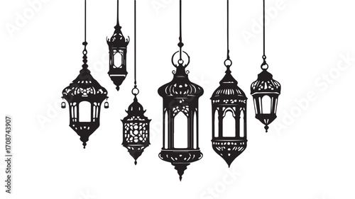 A collection of ornate hanging lanterns in black silhouette against a white background display image
