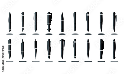 Writing Instruments Silhouette Icon Set Pens, Pencils, Markers Flat Vector illustration, easily editable and scalable.
