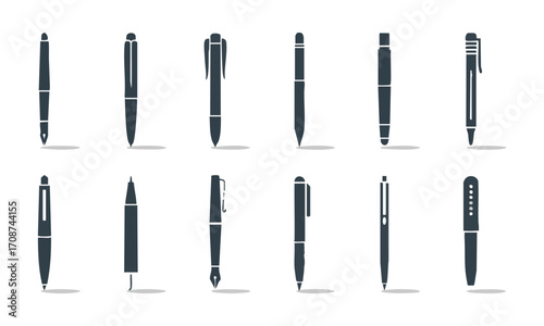 Writing Instruments Silhouette Icon Set Pens, Pencils, Markers Flat Vector illustration, easily editable and scalable.