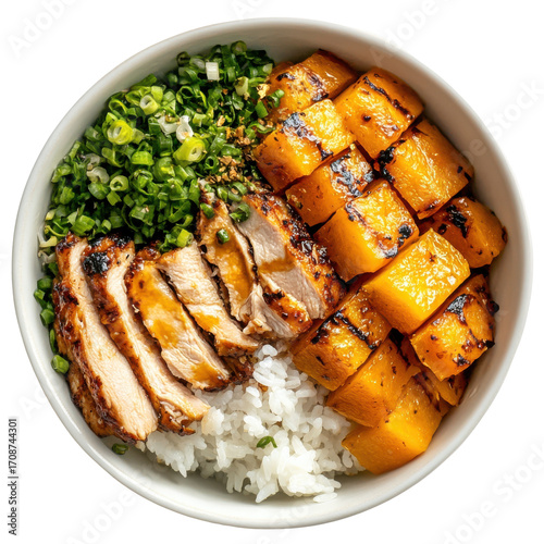 Grilled Chicken Bowl with Rice, Roasted Butternut Squash, and Green Onions in a Cozy Setting on transparent background