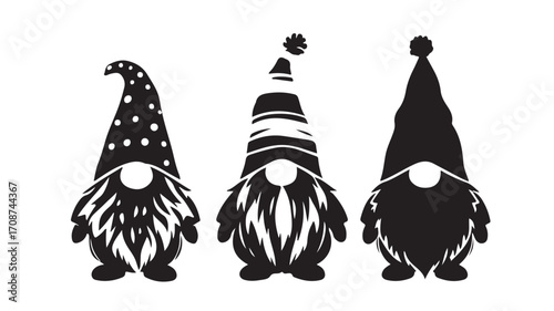 Three black silhouette gnomes with different hats and beards on a white background graphic design