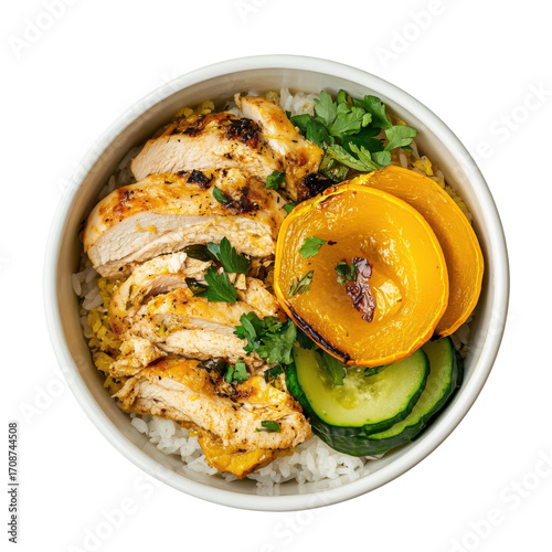 Grilled Chicken Bowl with Rice, Grilled Squash, and Fresh Cucumbers, Garnished with Cilantro on transparent background