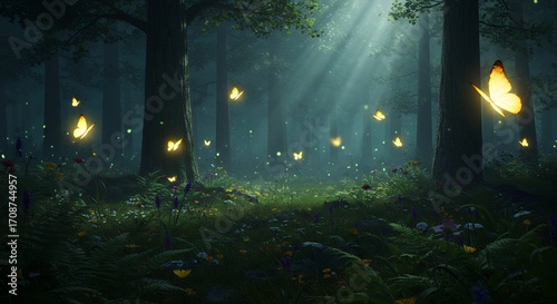 Mystical forest pathway with glowing butterflies