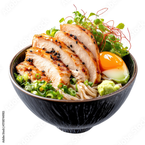 Delicious Grilled Chicken Ramen Bowl with Fresh Vegetables and Soft-Boiled Egg on transparent background