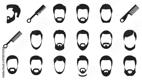 A collection of various black and white beard and hair styles with combs isolated on white backdrop silhouette