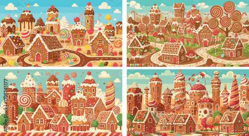 Magical Gingerbread Village and Candy Houses Illustration