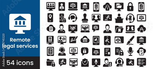 Remote legal services icon set for online law and justice, offering virtual attorney advice and support. This solid glyph collection includes symbols for digital consultation, secure documents