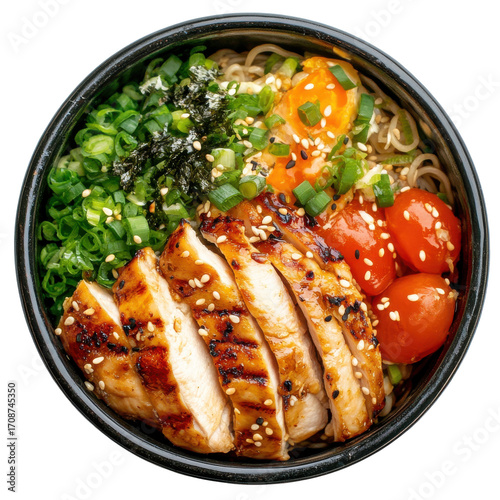 Grilled Chicken Ramen Bowl with Fresh Vegetables and Garnishes, Perfect for a Healthy Meal on transparent background