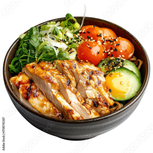 Delicious Grilled Chicken Bowl with Soft Eggs and Fresh Vegetables in a Rustic Setting on transparent background