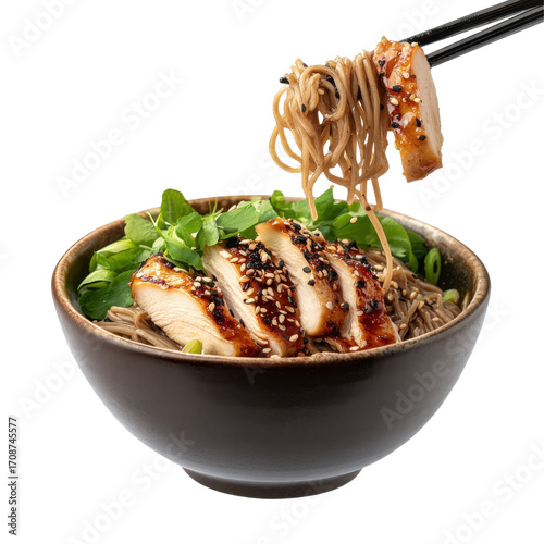 Delicious Chicken Soba Noodle Bowl with Fresh Greens and Sesame Garnish on transparent background