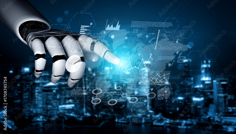 Obraz premium AI for global business data analysis and market research. Using AI analytics for insight into the worldwide economy and business strategy. Motif