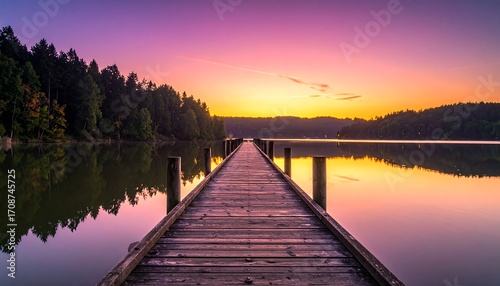 A wooden pier extends into a calm lake mirroring a vibrant sunset. Trees line the shore, and the sky transitions from purple to orange