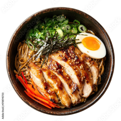 Delicious Chicken Ramen Bowl with Soft Boiled Egg, Noodles, and Fresh Vegetables in a Traditional Japanese Setting on transparent background