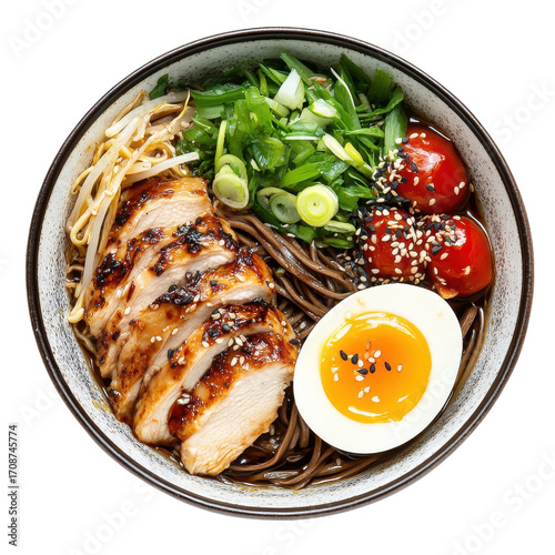 Delicious Chicken Soba Noodle Bowl with Egg, Vegetables, and Sesame Toppings in a Cozy Setting on transparent background