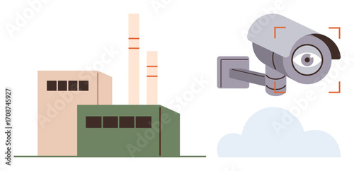 Industrial building with chimneys monitored by a security camera. Ideal for security, surveillance, safety, industrial processes, crime prevention, technology, infrastructure. A simple flat metaphor