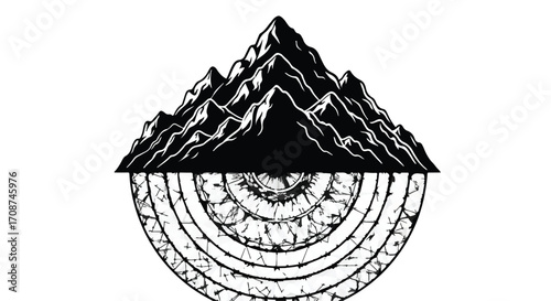 Mystical mountain landscape reflected in a circular, patterned portal, evoking adventure and the unknown.