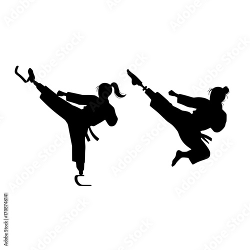 Dynamic female martial artists execute powerful high kicks in synchronized combat poses ready for action