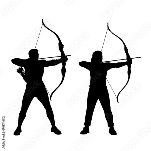 Dynamic archers poised for precision, aiming with focused intent for competitive sport and outdoor adventure