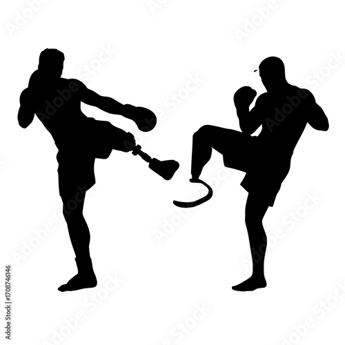 Dynamic martial artists with prosthetics showcase powerful kicks in striking silhouette action